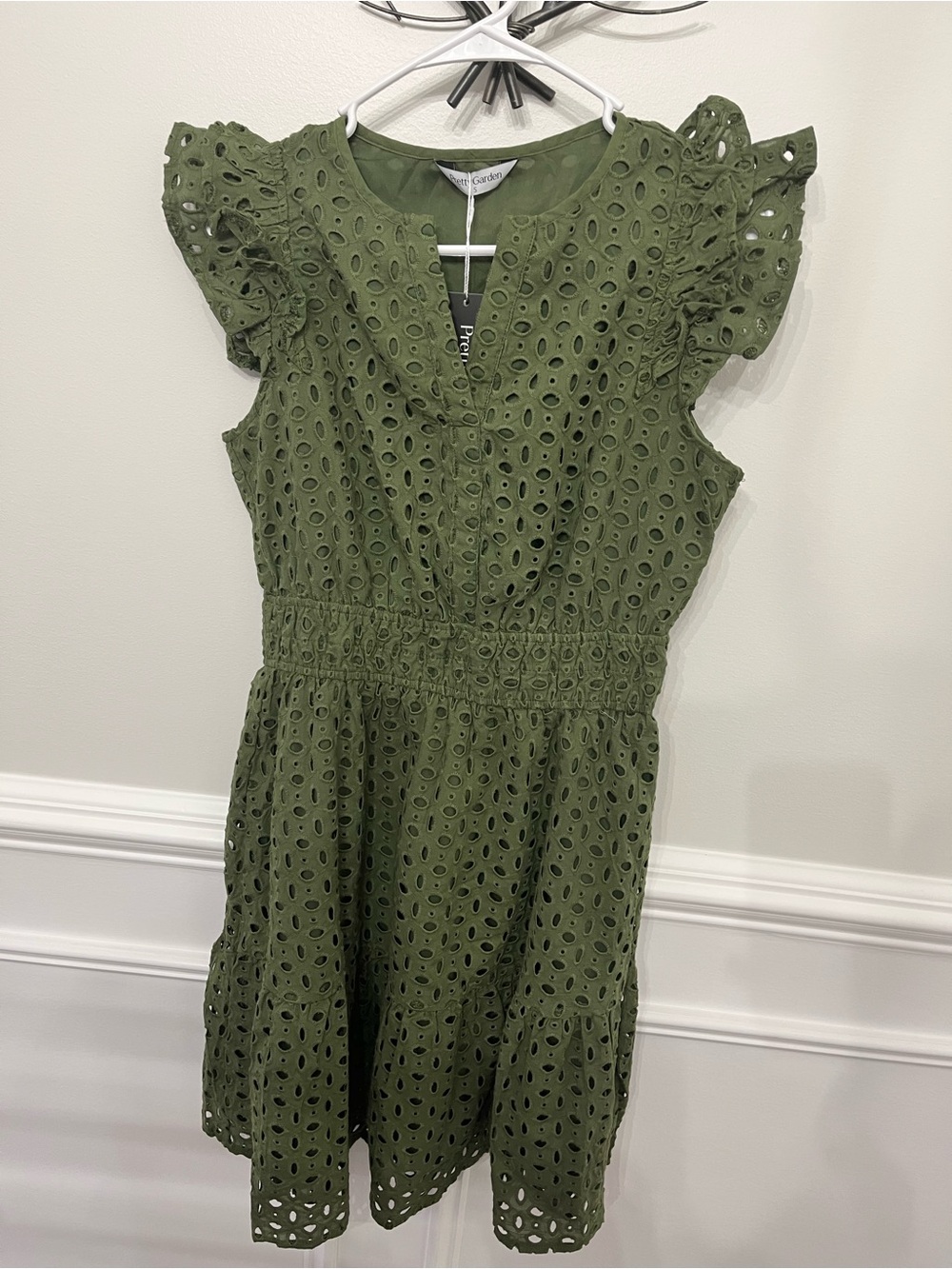 PrettyGarden Olive Green Eyelet Ruffle Dress Size Small NWT